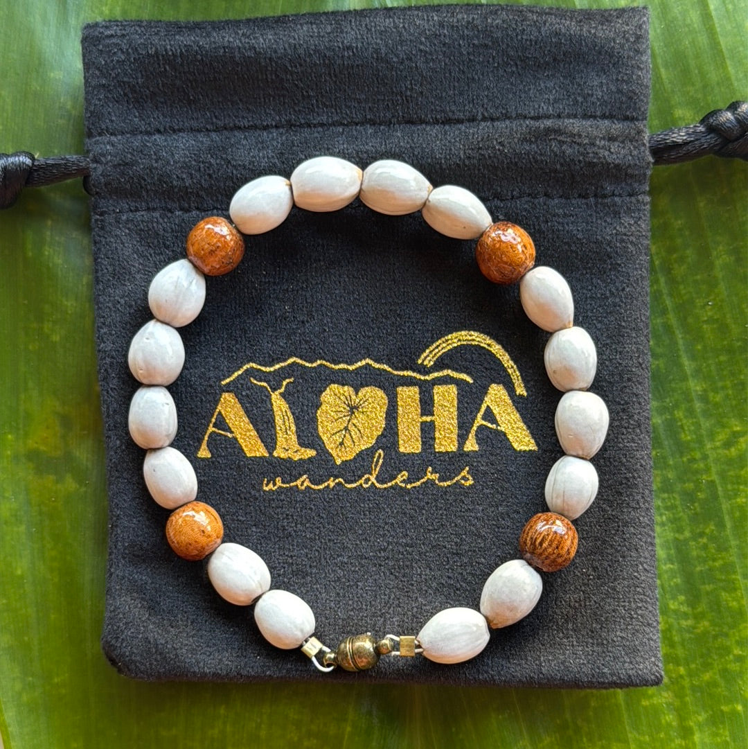 Job’s tears seeds, Koa wood, 7-7.5in bracelet with magnetic clasp