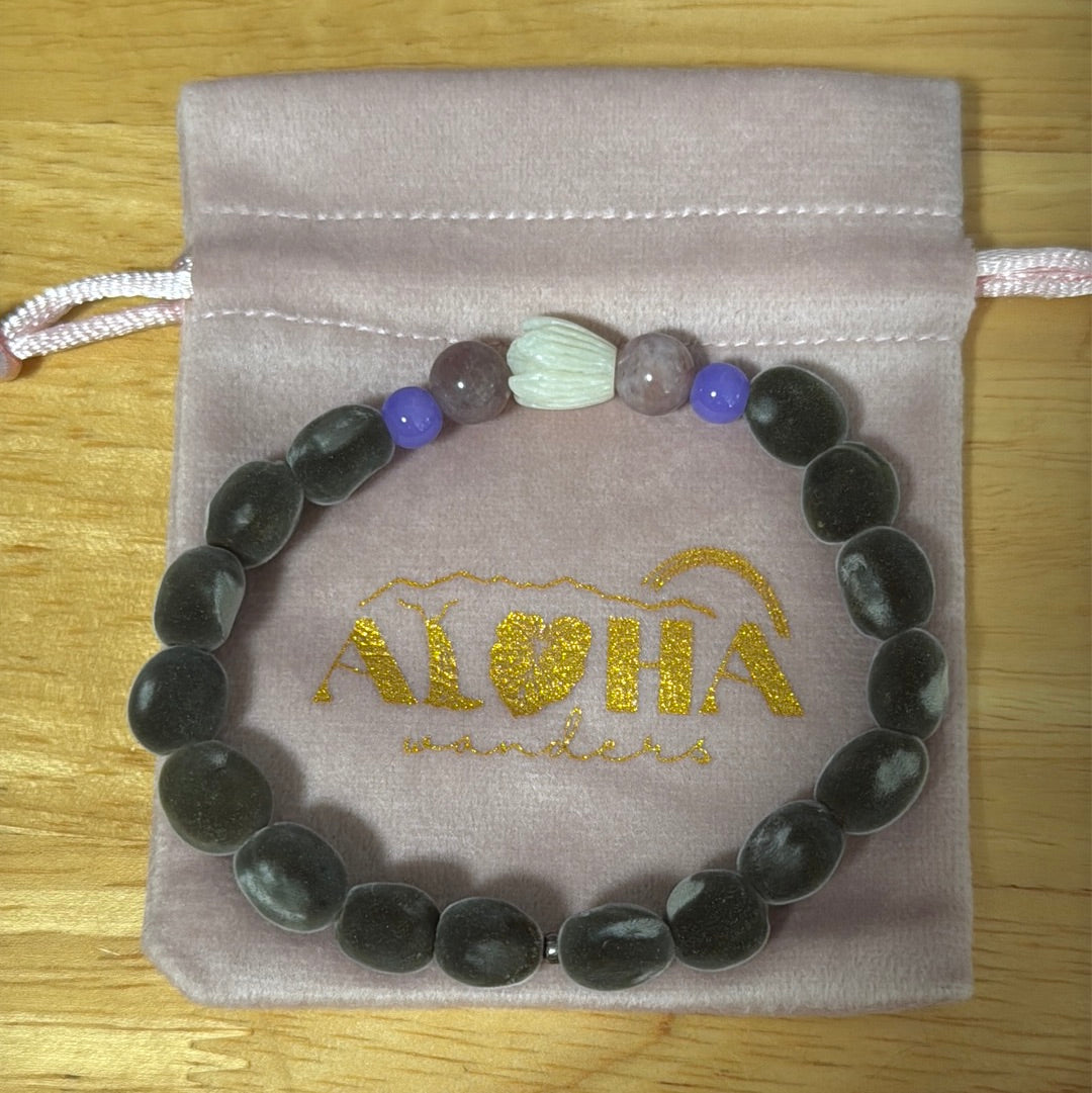 Purple taro glass, Madagascar strawberry Quartz, Pikake flower