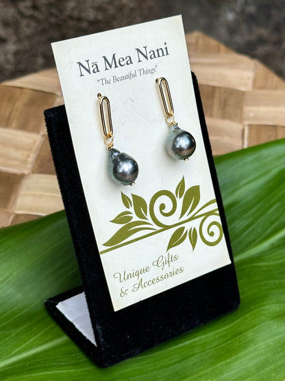 Tahitian Pearl - 14K Gold Filled Paperclip Dangle Earrings