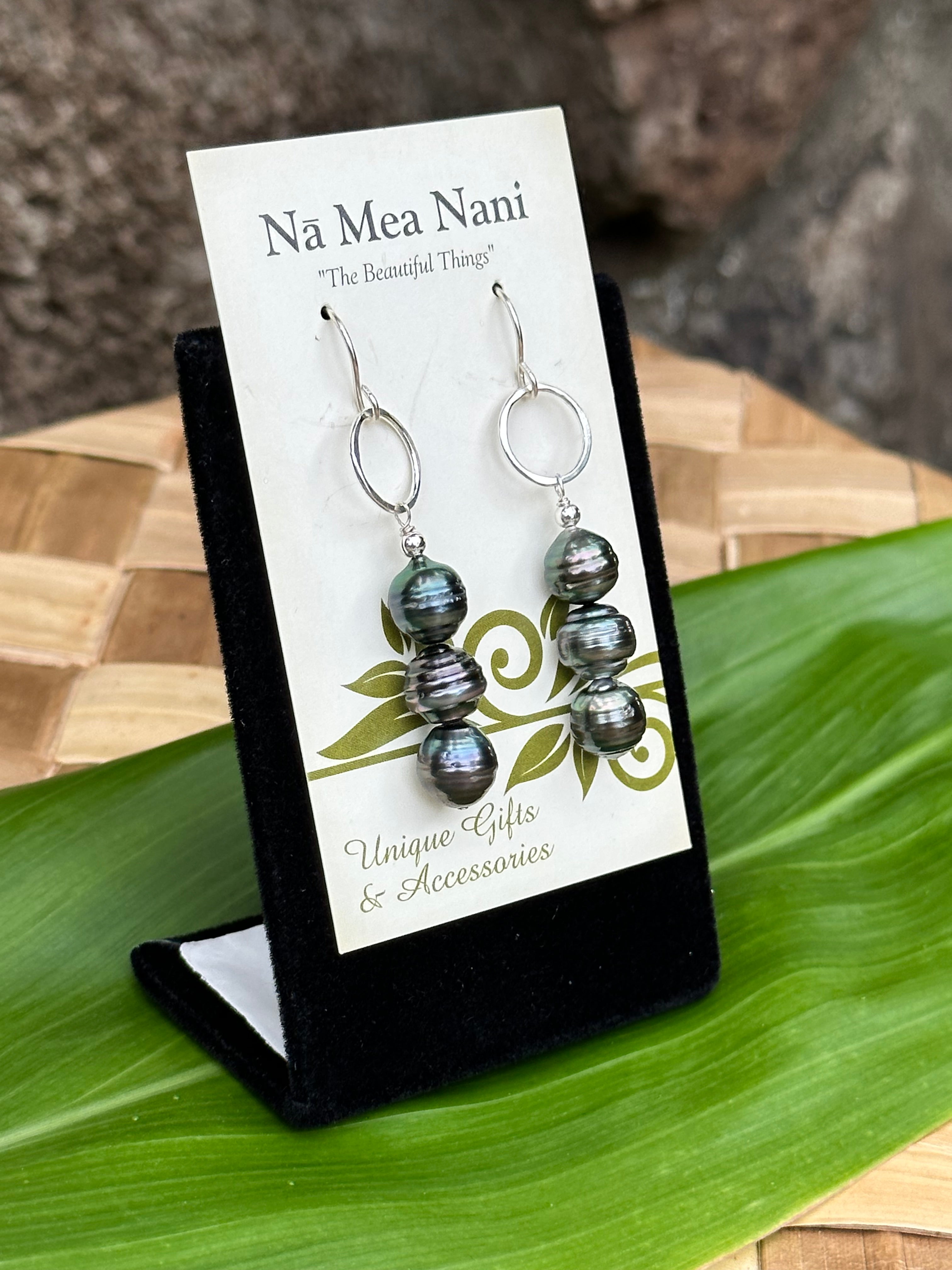 Tahitian Pearls - Sterling Silver Hammered Hoops - Dangle Earrings
