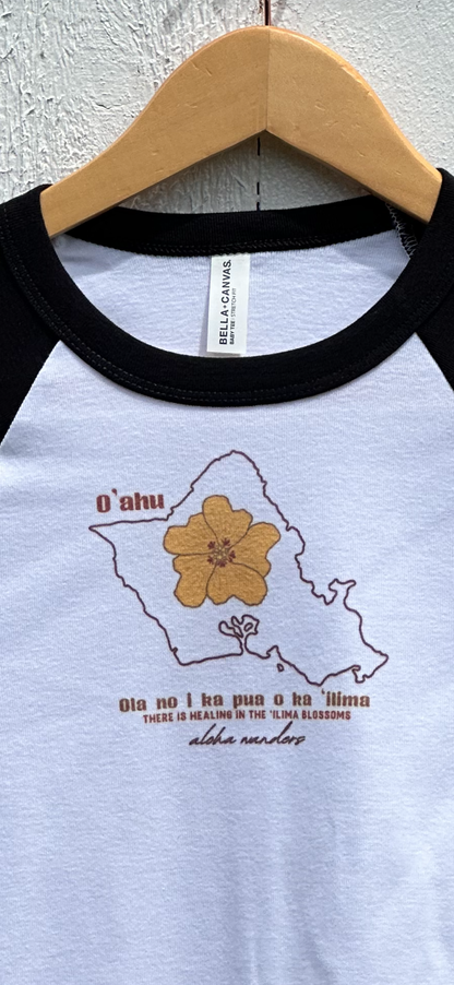 PUA ‘ILIMA FOR O’AHU MICRO RIB RAGLAN BABY TEE