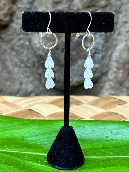 Mother of Pearl Pikake - Sterling Silver Hammered Hoops - Dangle Earrings