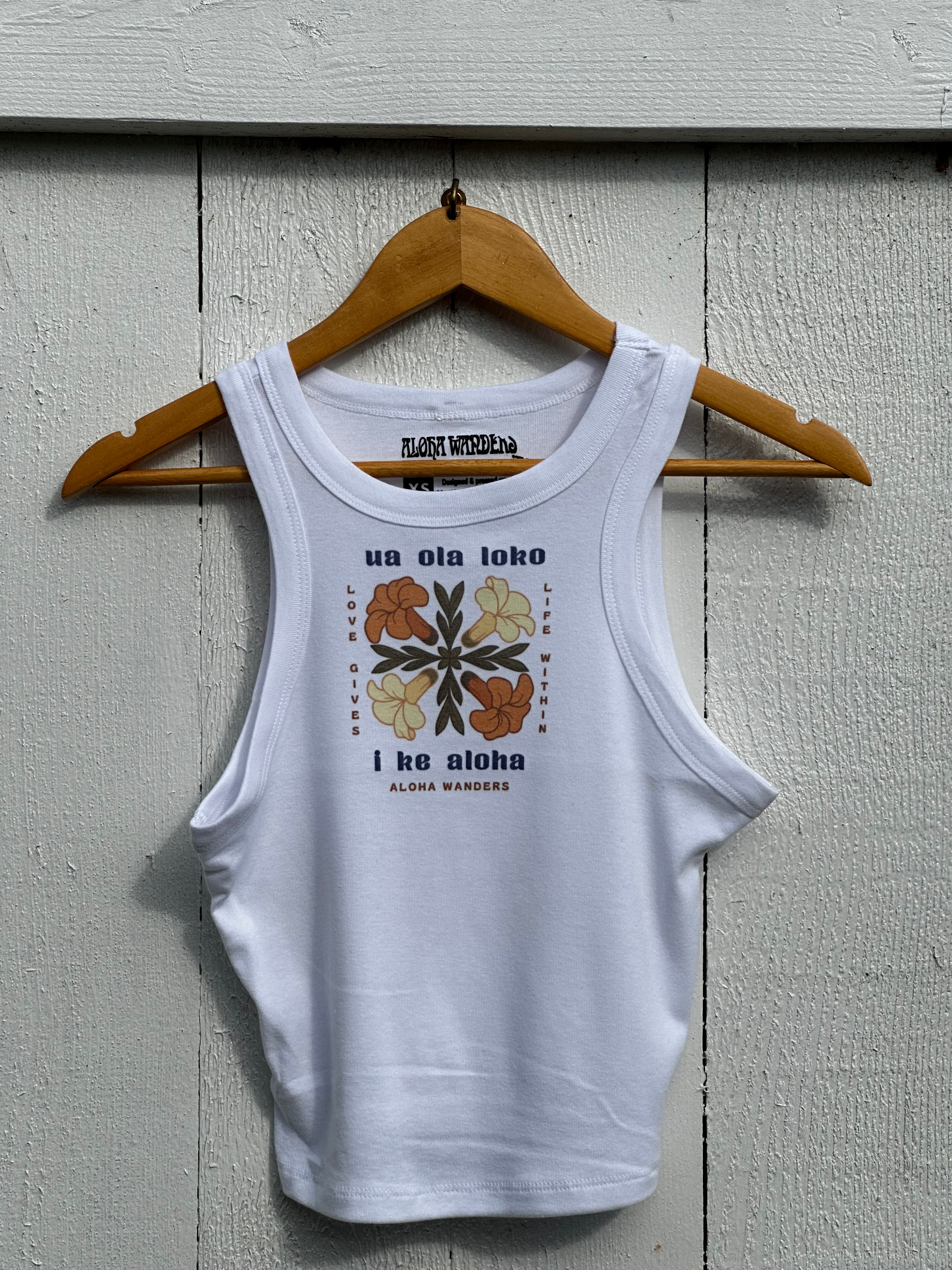UA OLA LOKO I KE ALOHA/PUAKENIKENI WHITE CROPPED RACER TANK