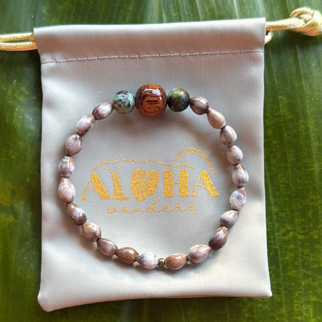 Job’s tears seeds, Koa wood, rainforest jasper, 6.5-7in stretchy bracelet