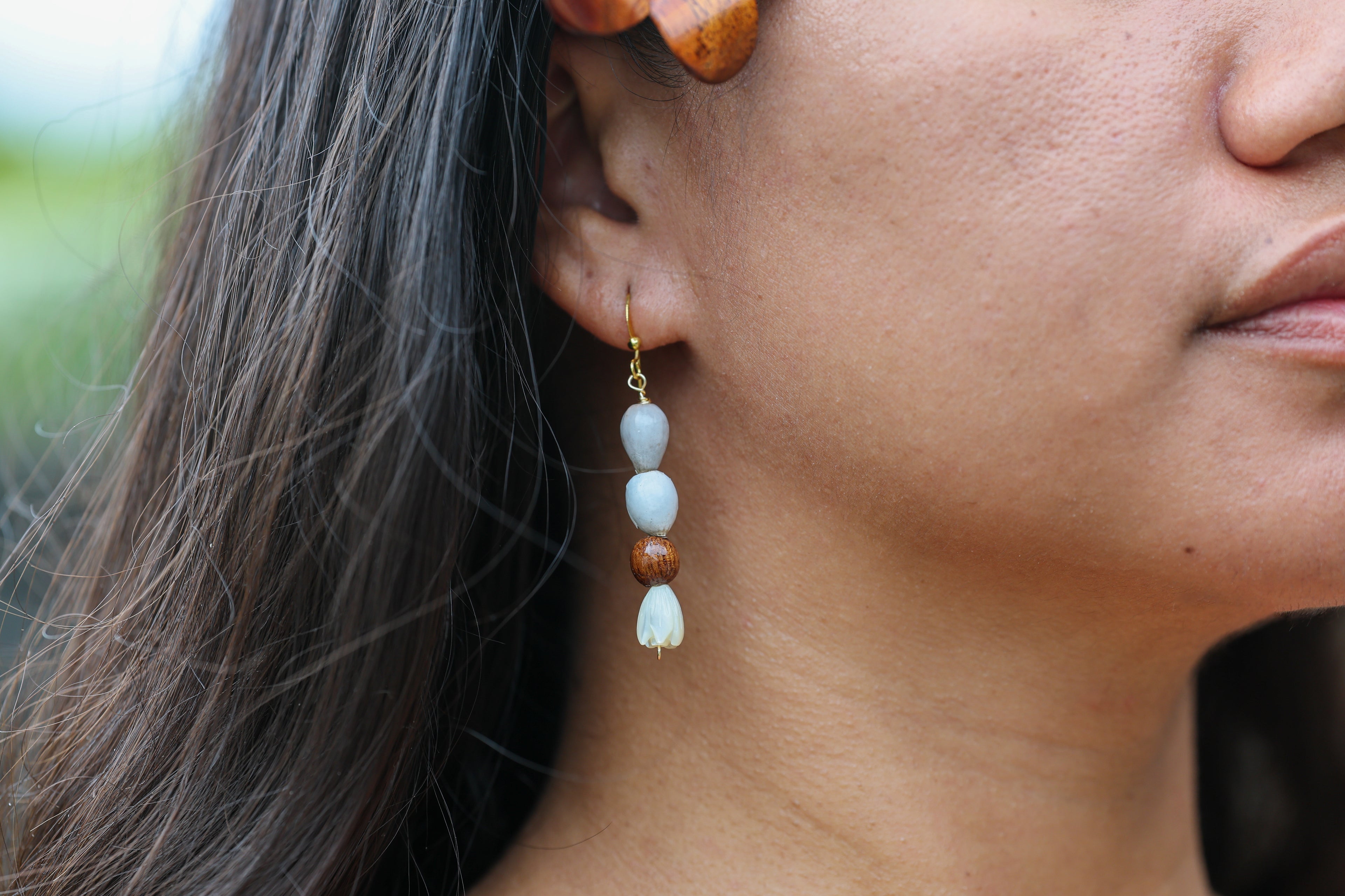 Job’s Tears seeds, Koa Wood, Mother of Pearl Pikake, Gold Fill
