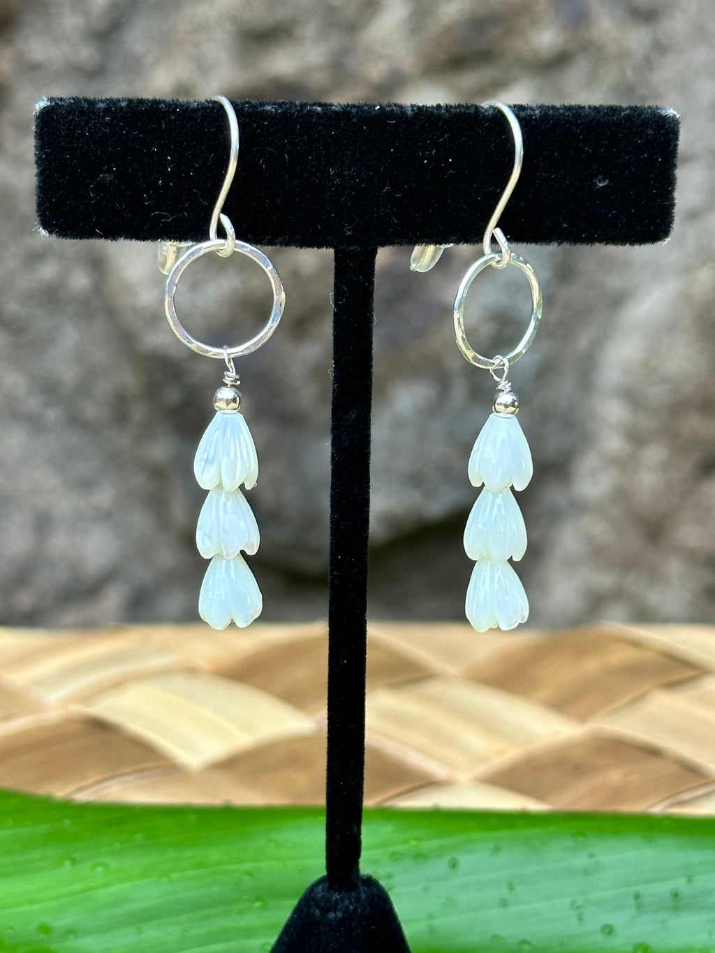 Mother of Pearl Pikake - Sterling Silver Hammered Hoops - Dangle Earrings