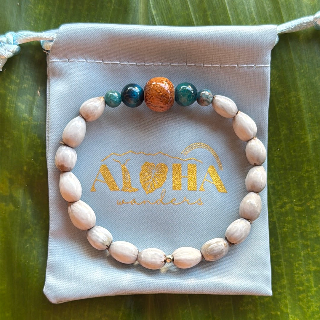 Job’s tears seeds, Koa wood, blue tigers eye, 7-7.5in stretchy bracelet