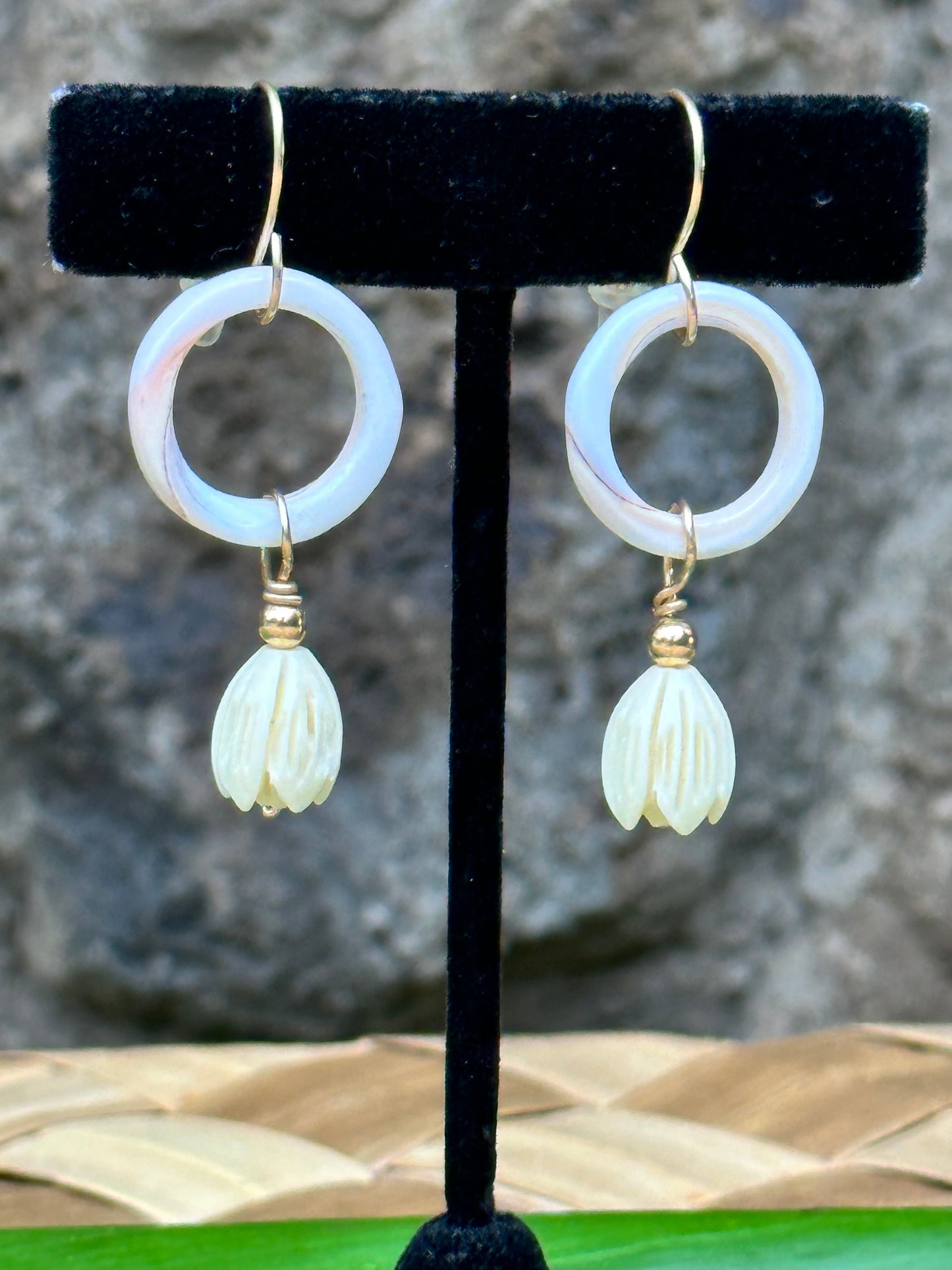 Pikake on Shell Hoops - 14K Gold Filled