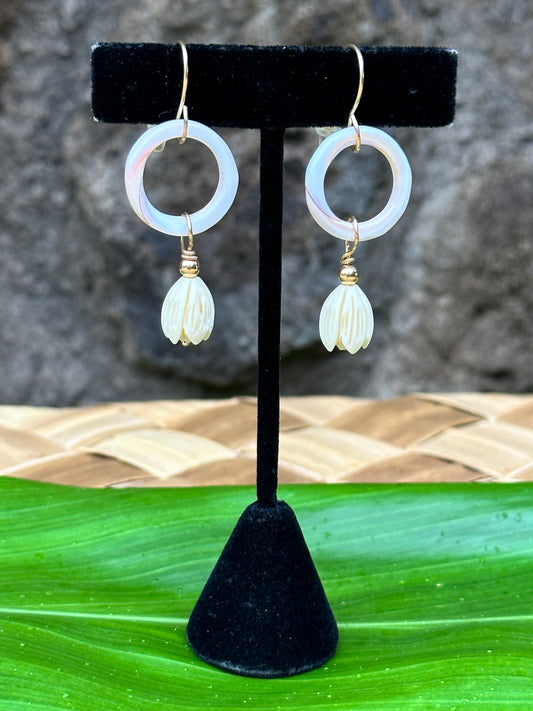 Pikake on Shell Hoops - 14K Gold Filled