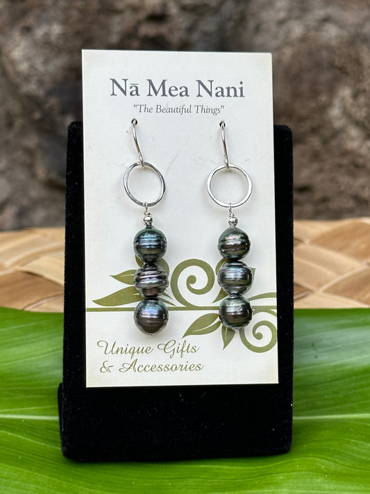 Tahitian Pearls - Sterling Silver Hammered Hoops - Dangle Earrings