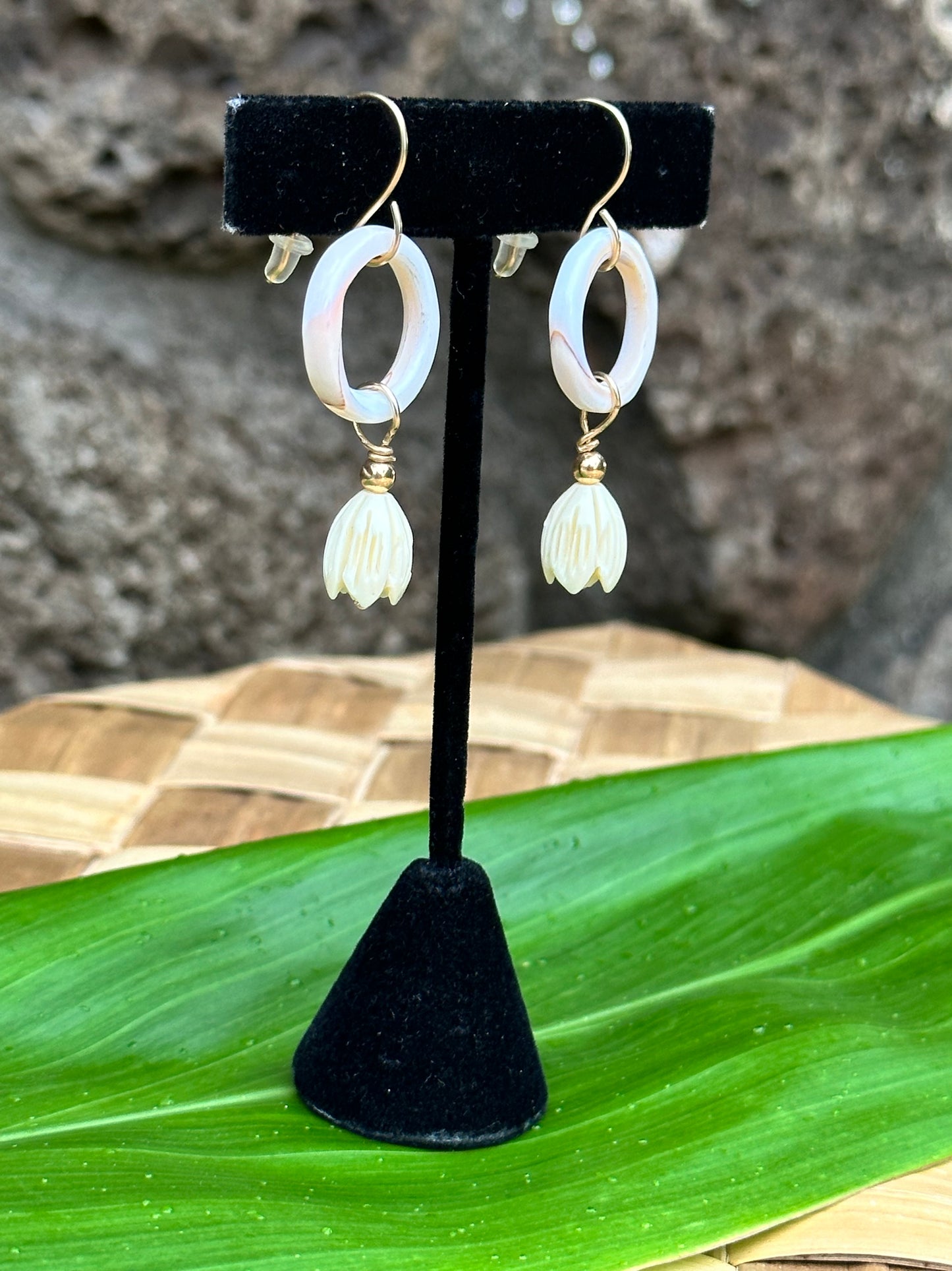 Pikake on Shell Hoops - 14K Gold Filled