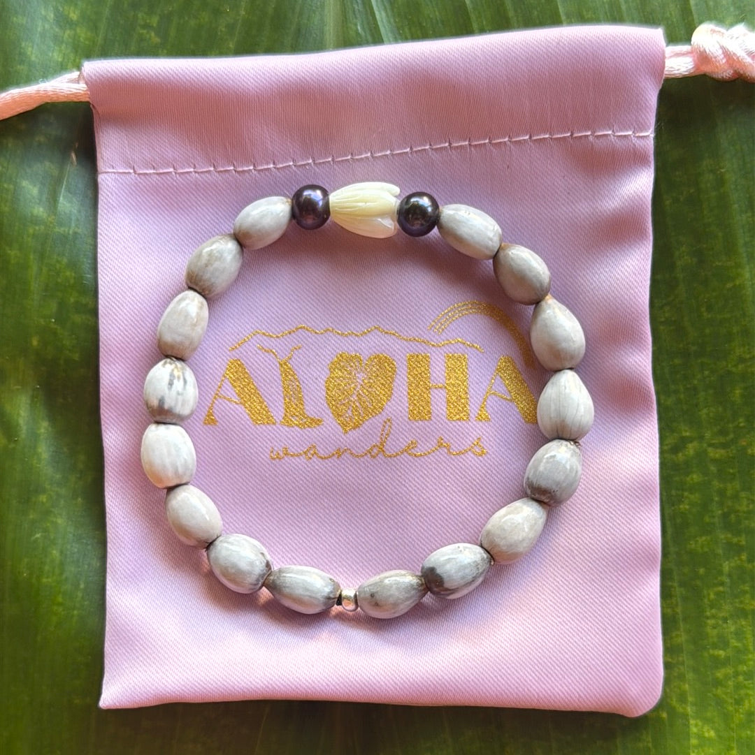 Job’s tears seeds, Pikake flower, freshwater purple pearls, 6-6.5in stretchy bracelet