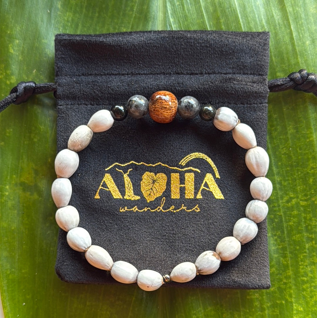 Job’s tears seeds, Koa wood, black labradorite, 8.5-9in stretchy bracelet