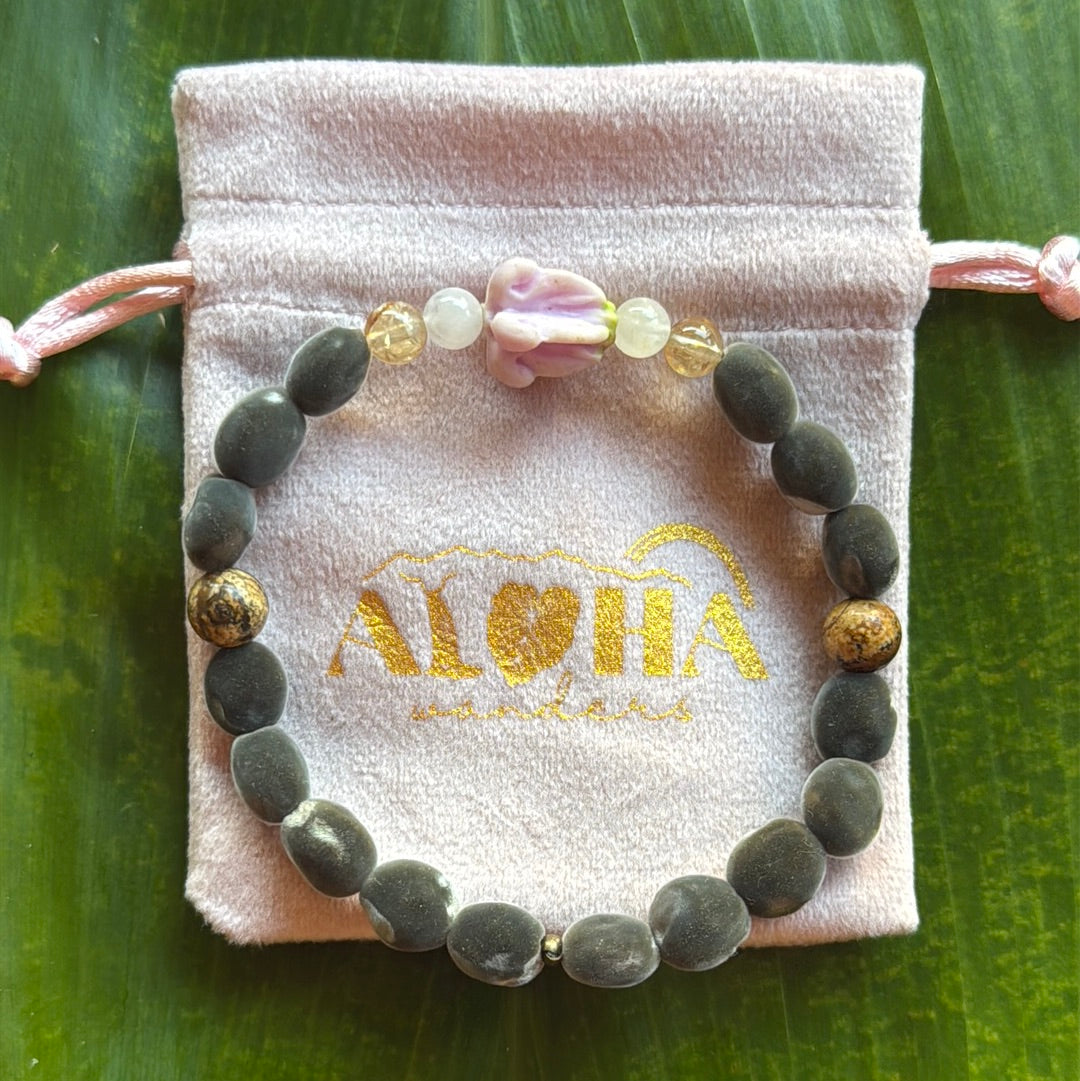 Velvet seeds, crown flower, earth jasper, citrine, 8-8.5in stretchy bracelet