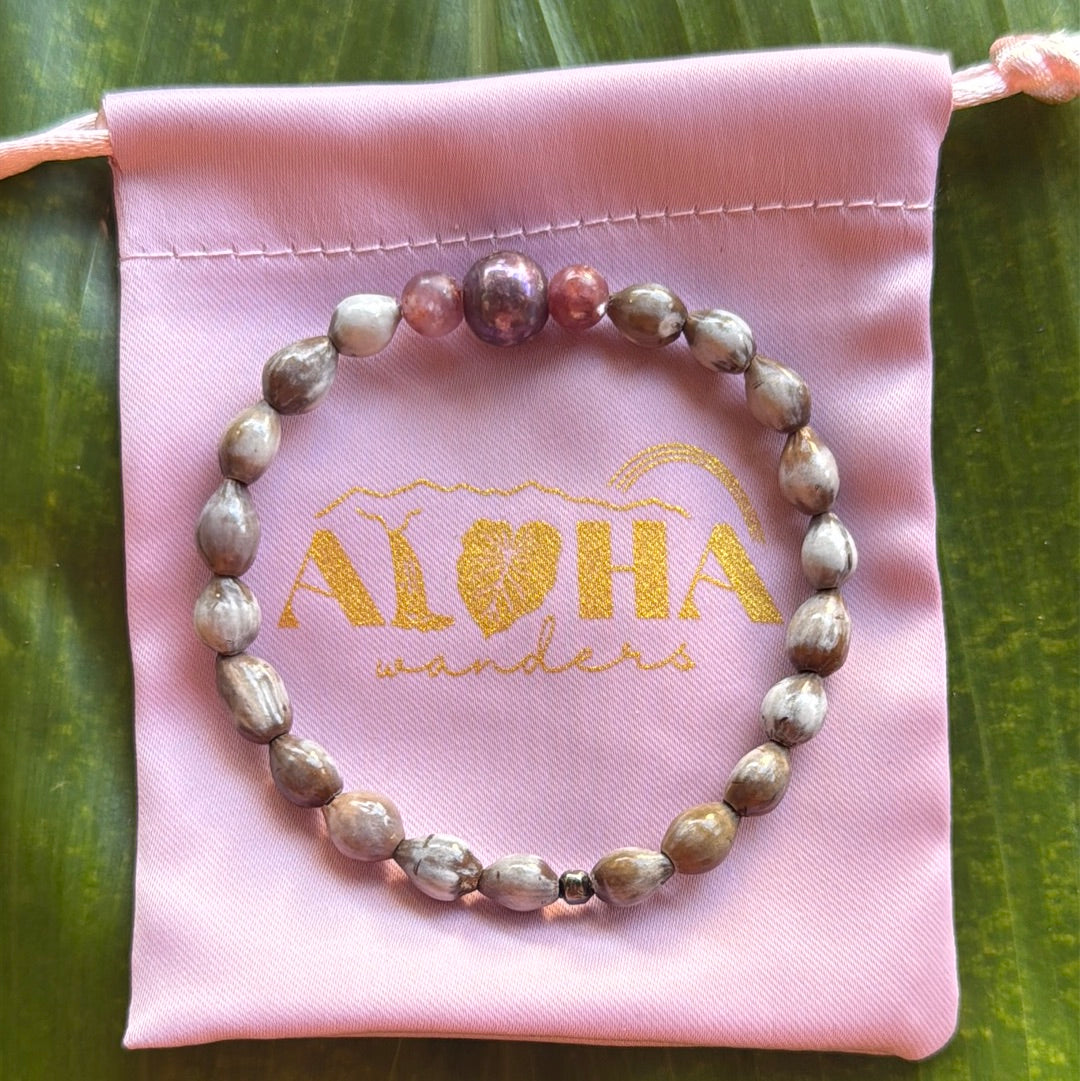 Job’s tears seeds, freshwater purple pearl, strawberry quartz, 6-6.5in stretchy bracelet