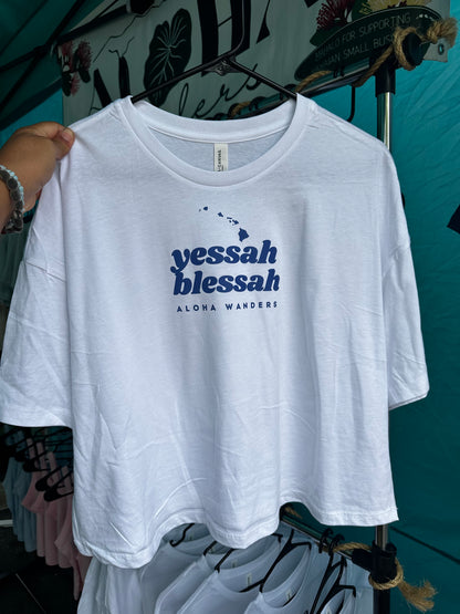 YESSAH BLESSAH WHITE JERSEY CROPPED FLOWY TEE